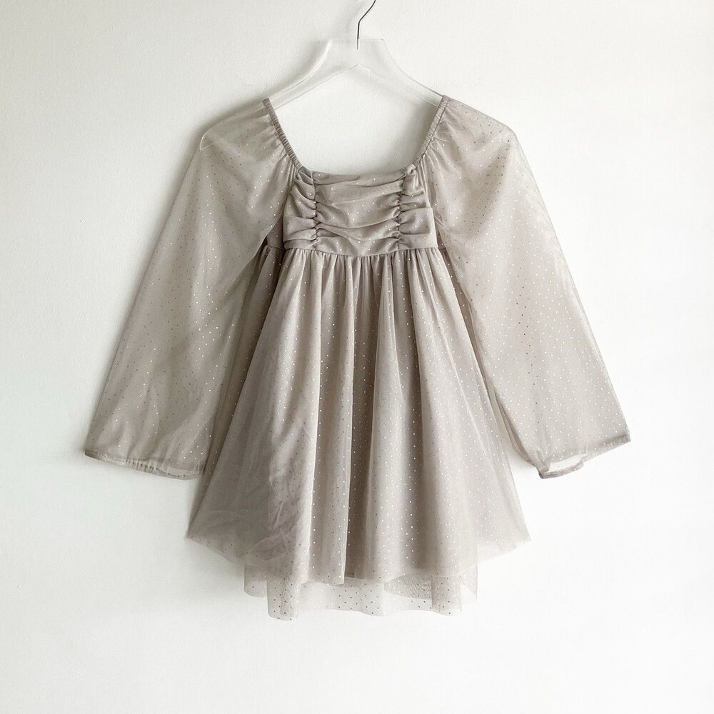 Gap Kids Girls Dress Tunic Top Size Medium Gray Gold Polka Dot Sheer Layered